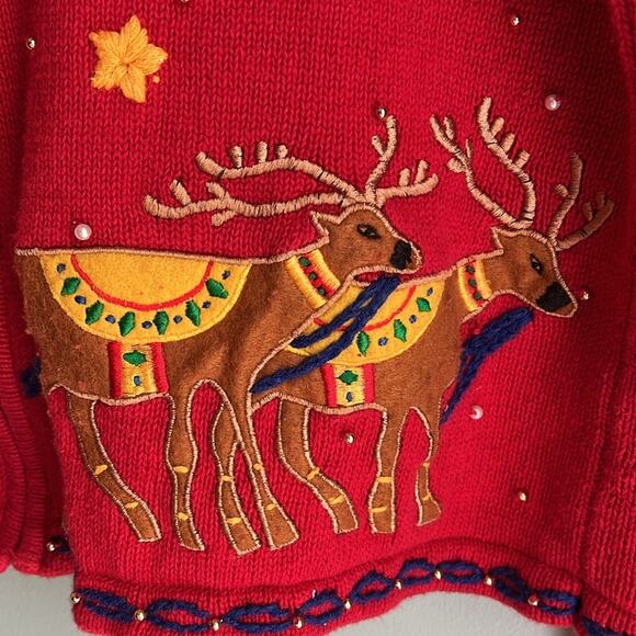 Designers Originals Vintage Christmas Sweater Beaded Embroidered Santa Reindeer - Picture 7 of 8